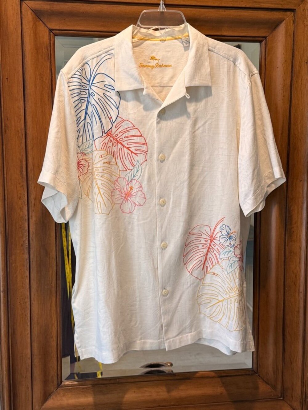Tommy Bahama Silk Button Down Camp Shirt w/embroidered tropical leaves